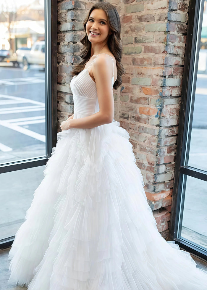 Isabel | A Line Hot Pink Ruffle Spaghetti Strap Corset Tulle Formal Dress with Slit - White - PromDressClub