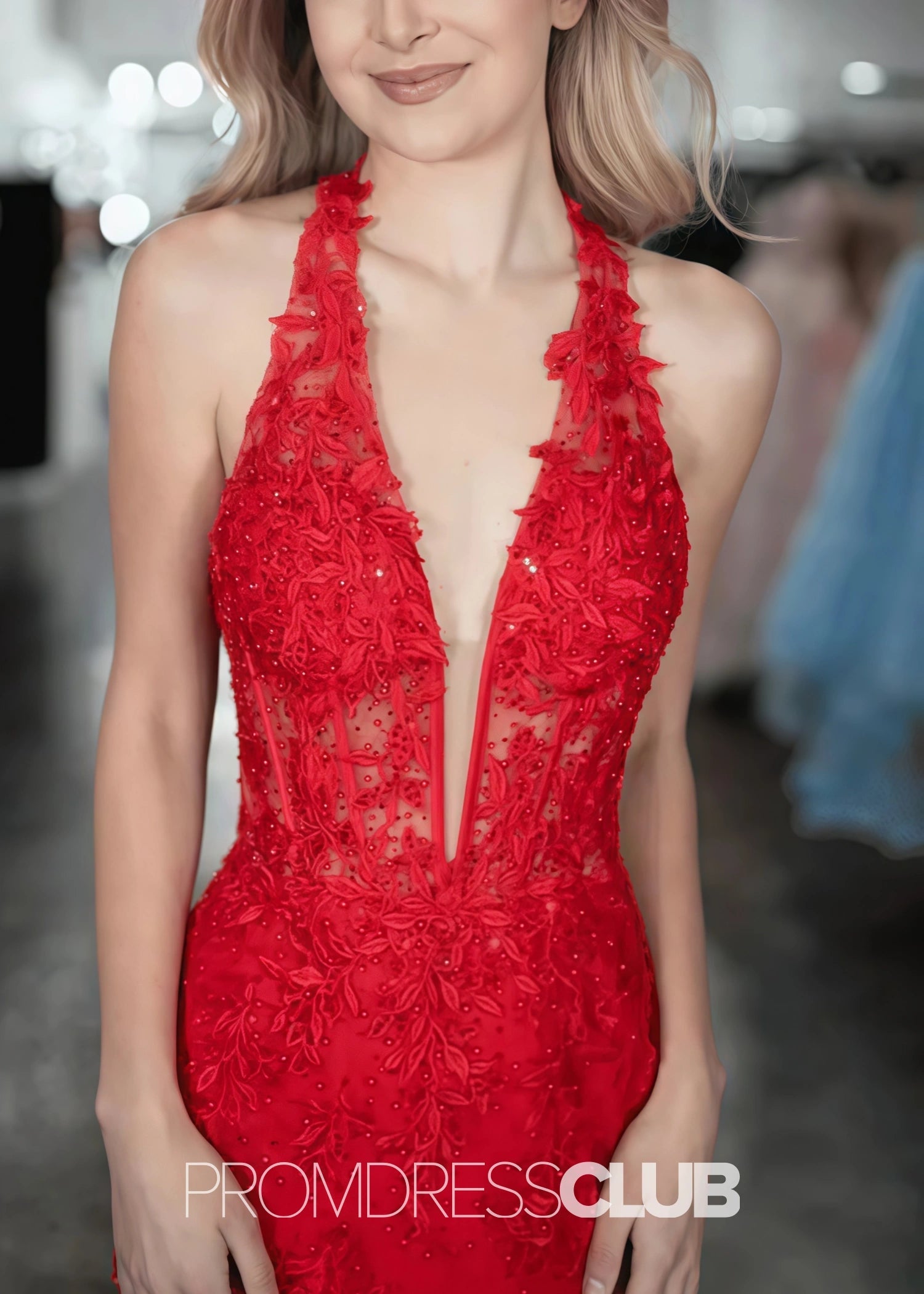 Isabel |Red Prom Dresses Websites With Long Halter V Neck Backless Mermaid High Slit - Price #price_variant_lowest# - Red - PromDressClub