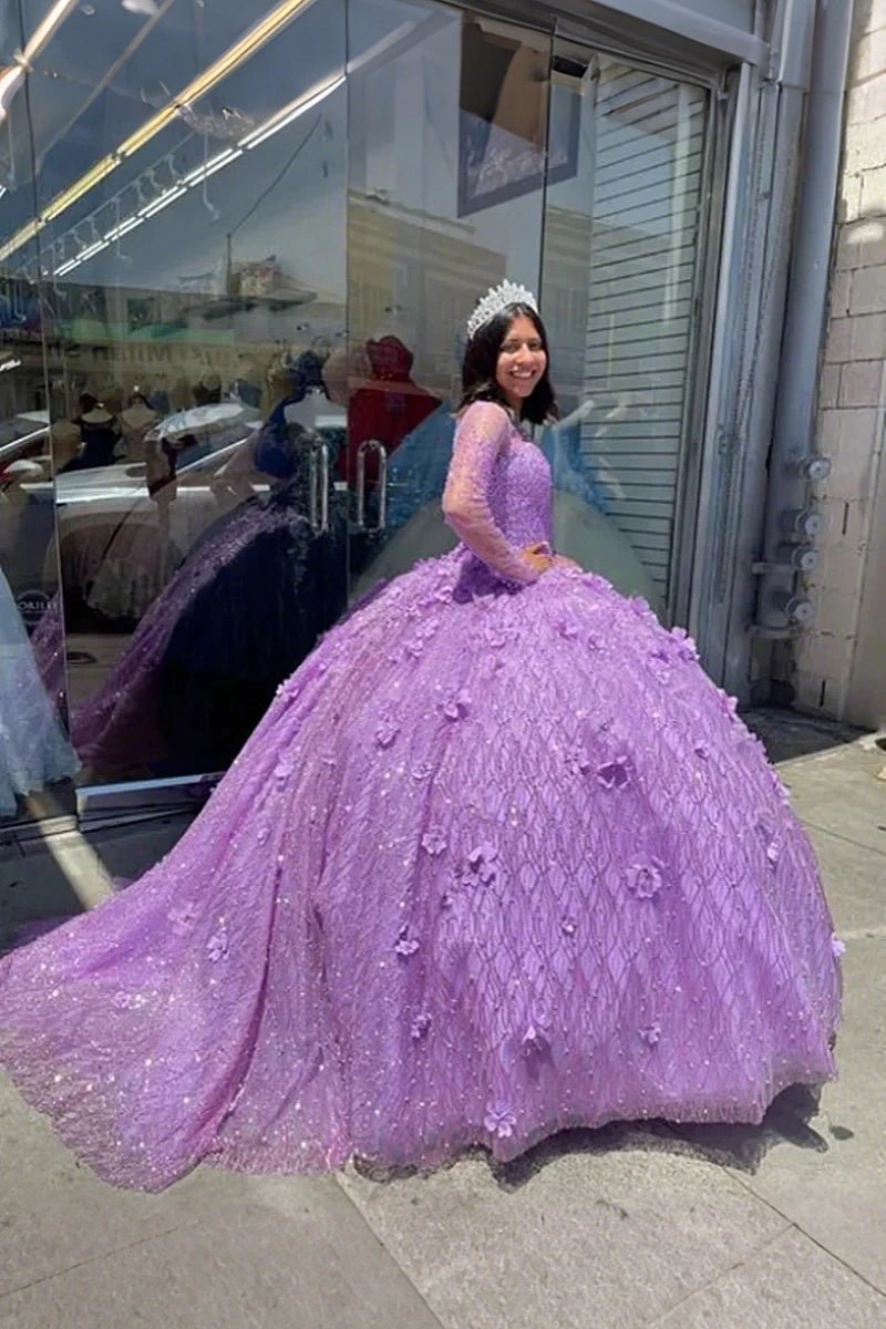 Isabella | Luxurious Purple Quince Dresses with Sparkling Long Sleeves and Glitter Details - Light Purple - PromDressClub