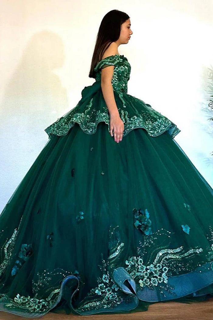 Ivy | Radiant Off Shoulder Green Quince Dresses for Elegant Celebrations - Green - PromDressClub