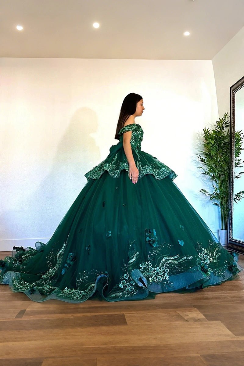 Ivy | Radiant Off Shoulder Green Quince Dresses for Elegant Celebrations - Green - PromDressClub