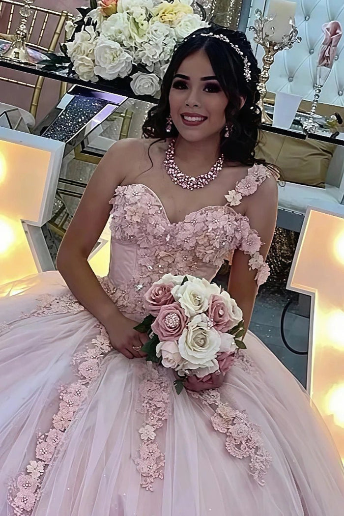 Jacqueline | Elegant Pink Quinceanera Dresses with Flower Embellishments for 15th Birthday - Light Pink - PromDressClub