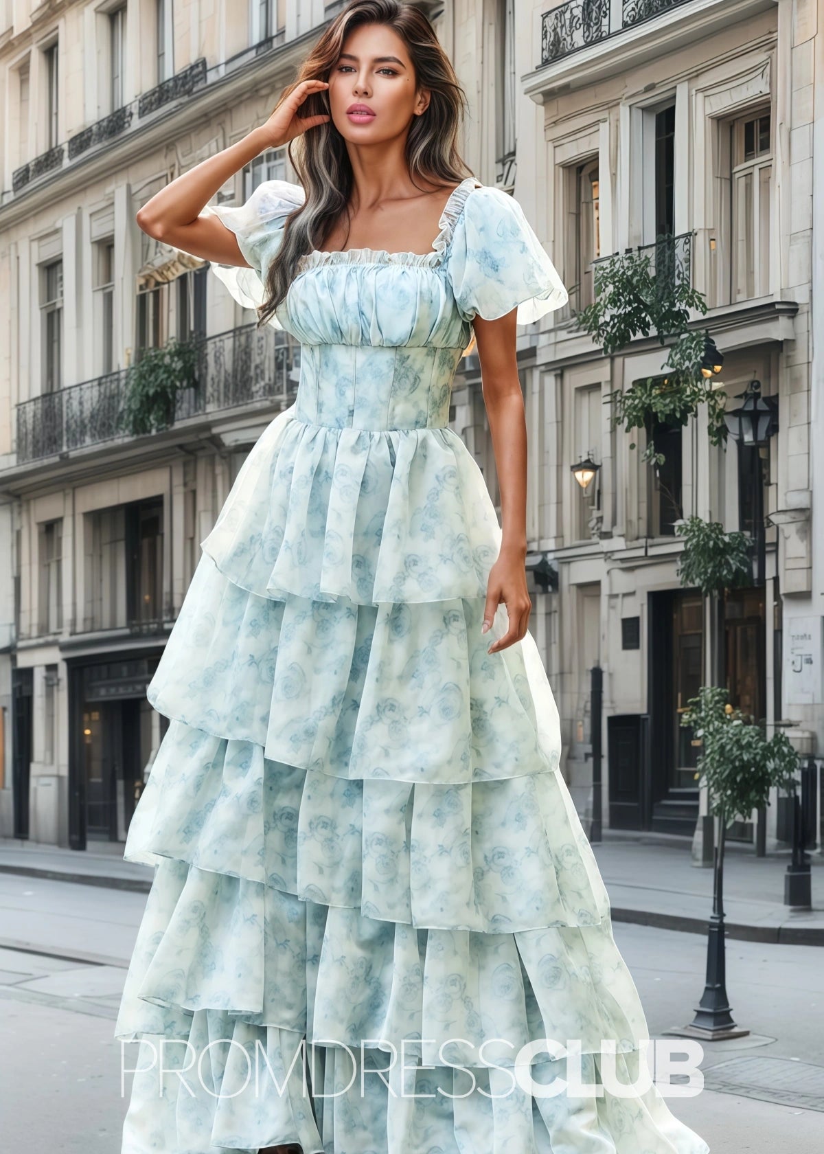 Jacqueline | Tiered Corset Light Blue Floral Long Formal Dress with Ruffles - Light Blue Floral - PROMDRESS Club