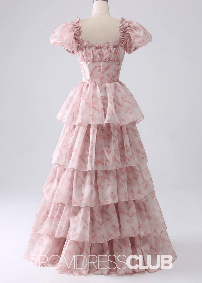Jacqueline | Tiered Corset Light Blue Floral Long Formal Dress with Ruffles - Price #price_variant_lowest# - Pink Floral - PromDressClub