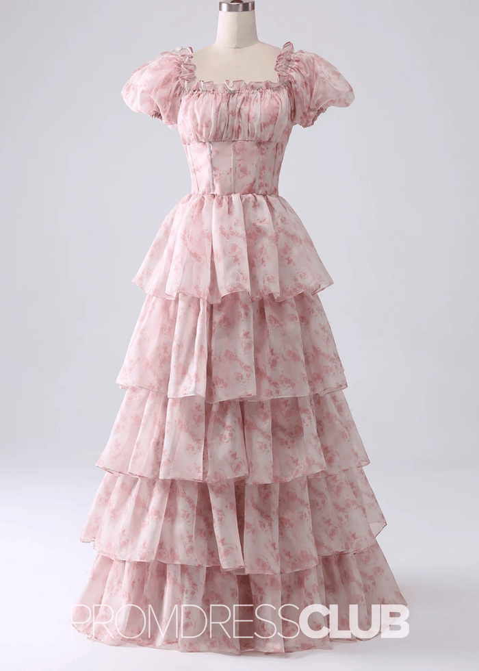 Jacqueline | Tiered Corset Light Blue Floral Long Formal Dress with Ruffles - Price #price_variant_lowest# - Pink Floral - PromDressClub