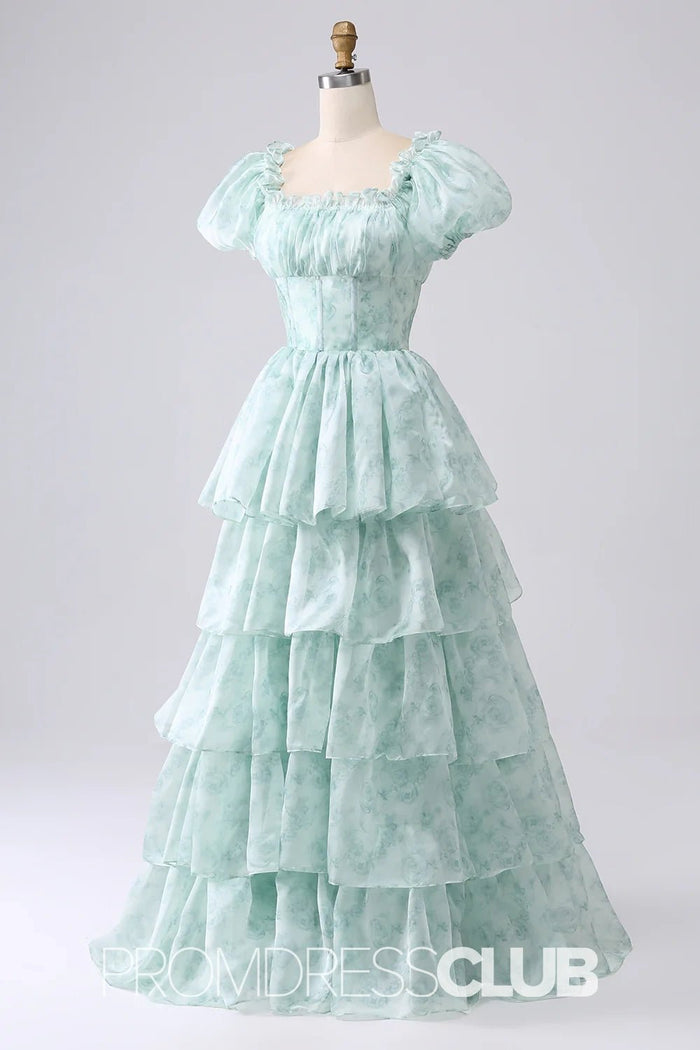Jacqueline | Tiered Corset Light Blue Floral Long Formal Dress with Ruffles - Price #price_variant_lowest# - Sage Floral - PromDressClub