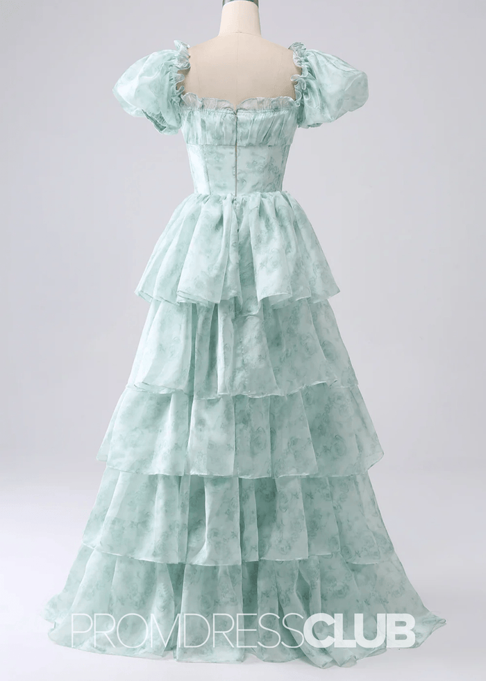 Jacqueline | Tiered Corset Light Blue Floral Long Formal Dress with Ruffles - Price #price_variant_lowest# - Sage Floral - PromDressClub