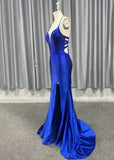 Jamie |Royal Blue Long Prom Dress With Mermaid V Neck Beaded Jersey Slit - Royal Blue - US0 - PromDressClub