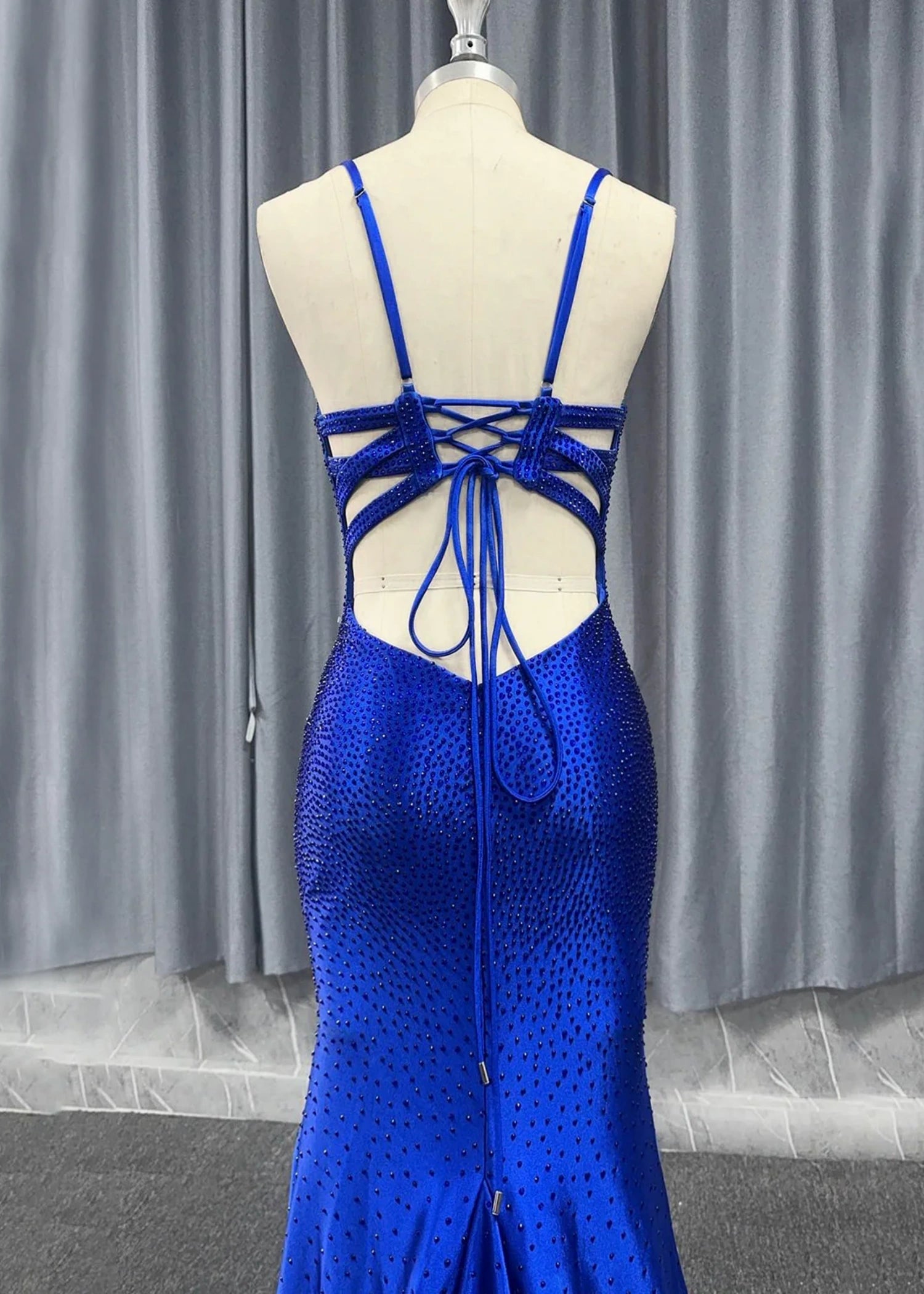 Jamie |Royal Blue Long Prom Dress With Mermaid V Neck Beaded Jersey Slit - Royal Blue - US0 - PromDressClub