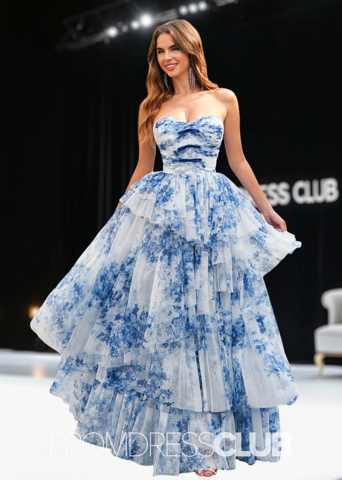 Jamie | Strapless Tiered White Blue Flower Long Prom Dress - Price #price_variant_lowest# - Blue Floral - PromDressClub