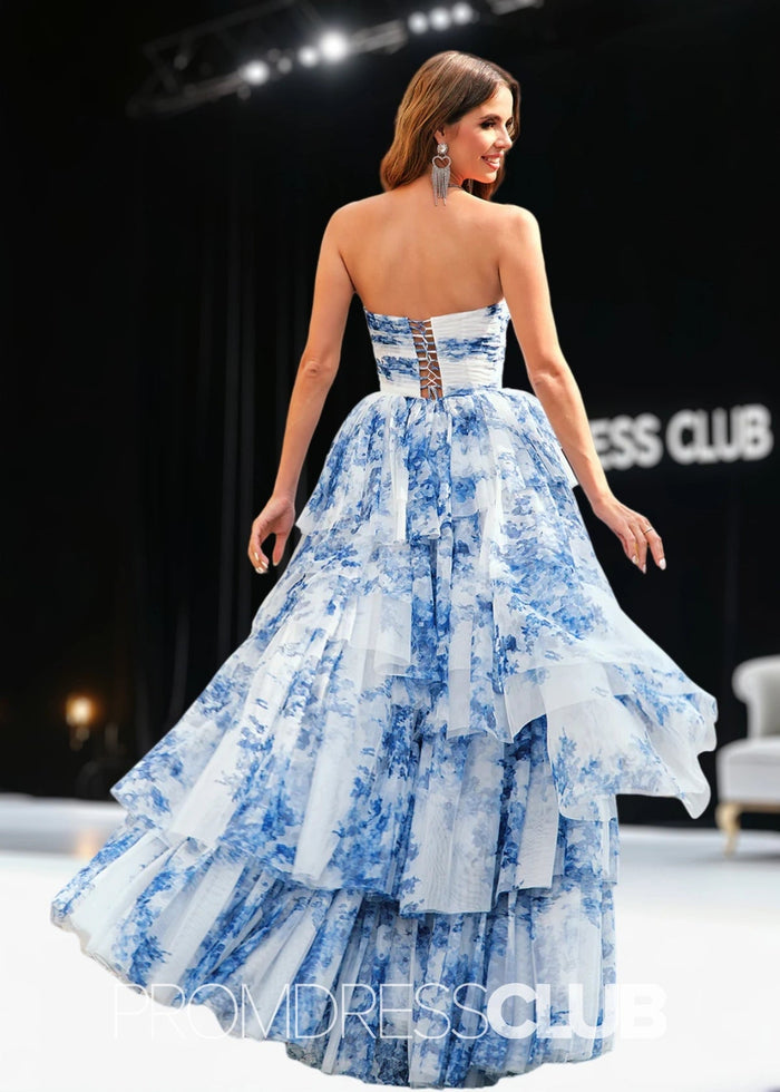 Jamie | Strapless Tiered White Blue Flower Long Prom Dress - Price #price_variant_lowest# - Blue Floral - PromDressClub