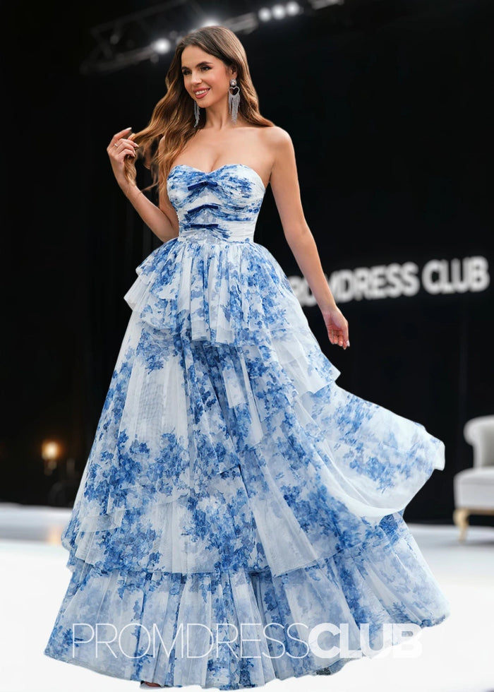Jamie | Strapless Tiered White Blue Flower Long Prom Dress - Price #price_variant_lowest# - Blue Floral - PromDressClub