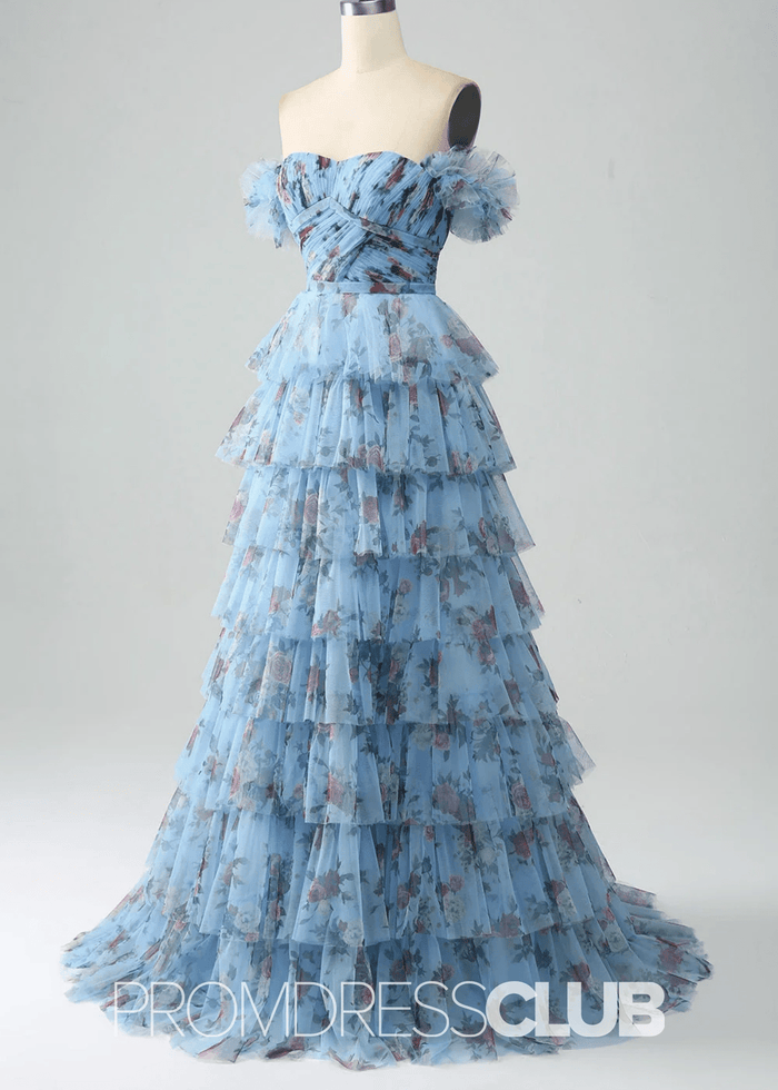 Jane | A Line Lavender Floral Long Prom Dress with Ruffles - Price #price_variant_lowest# - Blue Floral - PromDressClub