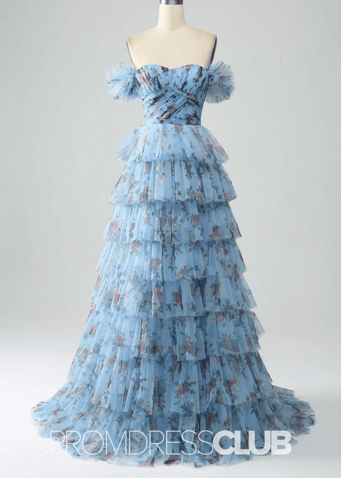 Jane | A Line Lavender Floral Long Prom Dress with Ruffles - Price #price_variant_lowest# - Blue Floral - PromDressClub