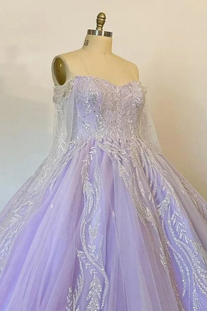 Jane | Exquisite Purple Quince Dresses with Long Sleeves and Beaded Details - Lavender - PromDressClub