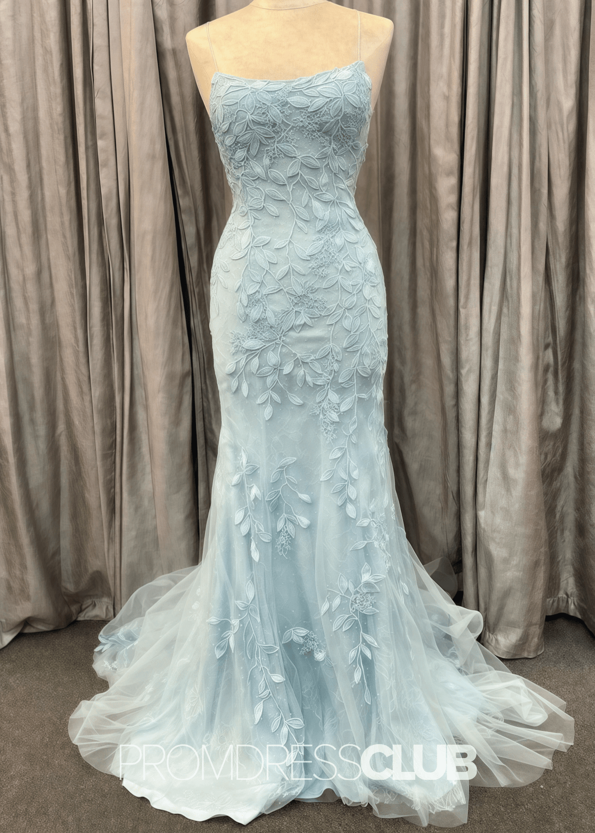 Jane |Sky Blue Prom Dresses Websites With Spaghetti Straps Lace Appliques Sleeveless Mermaid - Sky Blue - US0 - PromDressClub