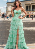 Janet | A Line Strapless Green Floral Long Formal Dress with Ruffles - Green Floral - PROMDRESS Club