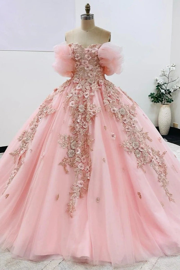 Janet | Dreamy Pink Quince Dresses with Floral Sleeve Elegance - Light Pink - PromDressClub