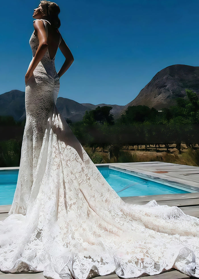 Janet | Exquisite Mermaid V Neck Backless Lace Wedding Dress with Long Train - White - PromDressClub