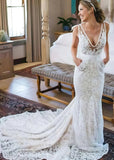 Janet | Exquisite Mermaid V Neck Backless Lace Wedding Dress with Long Train - White - PROMDRESS Club