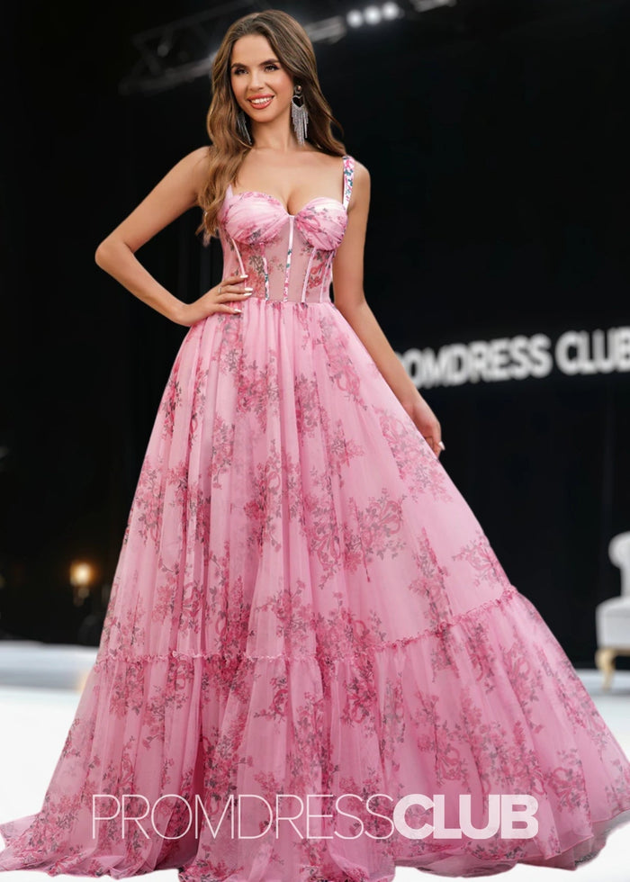 Janet | Pink Floral Sweetheart Pleated Long Prom Dress - Pink Floral - PromDressClub