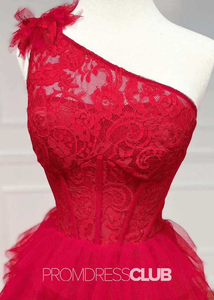 Janice |Black Long Prom Dresses Near Me With One Shoulder Lace A Line Tiered Ruffles High Slit - Price #price_variant_lowest# - Red - PromDressClub