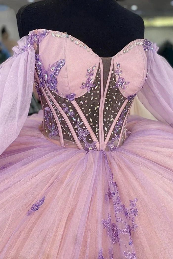 Janice | Elegant Pink Quince Dresses with Floral Long Sleeve Detailing - Light Pink - PromDressClub