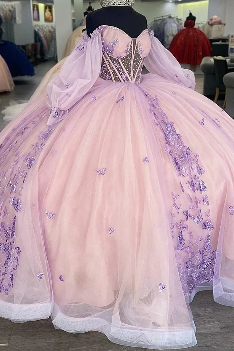 Janice | Elegant Pink Quince Dresses with Floral Long Sleeve Detailing - Light Pink - PromDressClub