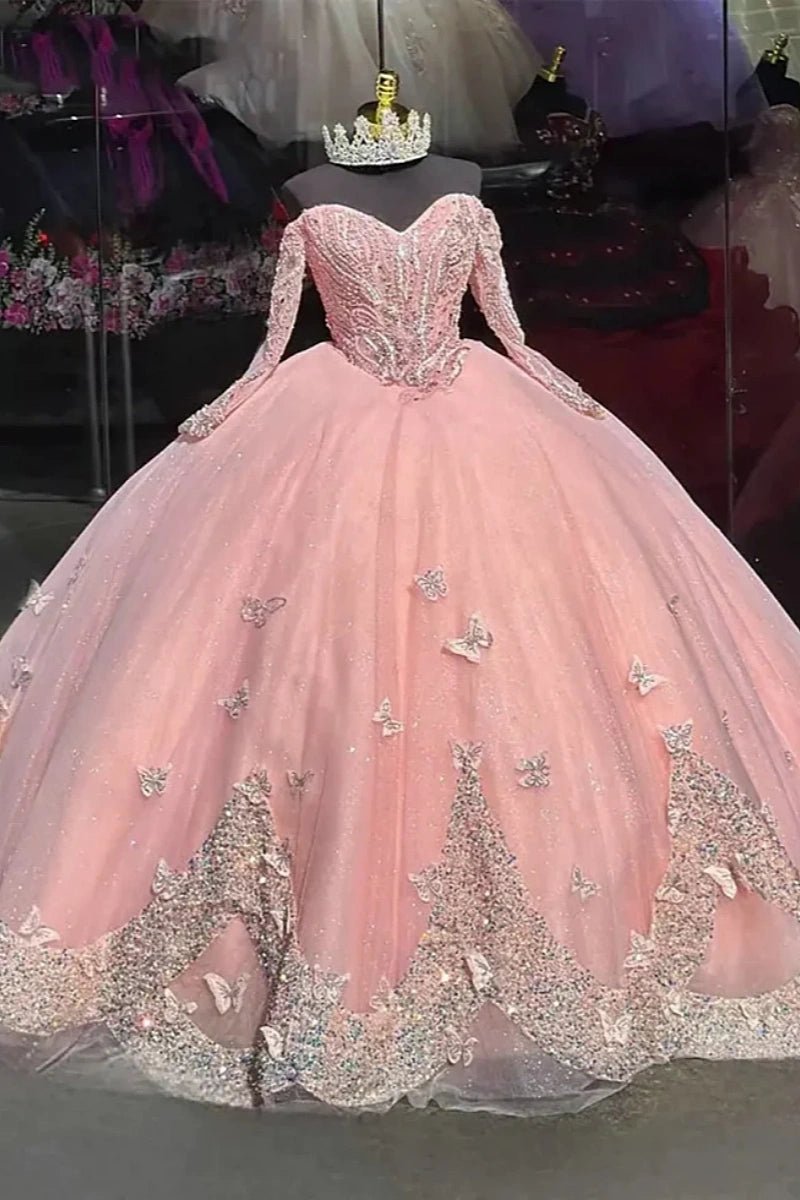 Janice | Gorgeous Pink Long Sleeve Quinceanera Dress with Butterflies for Memorable Celebrations - Pink - PromDressClub