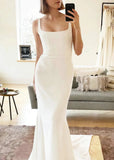 Janice | Sleek Square Neck Mermaid Minimalist Wedding Dress with Sweep Train - White - PROMDRESS Club