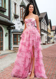 Janice | Strapless Corset Pink Floral Long Prom Dress - Blush Floral - PROMDRESS Club