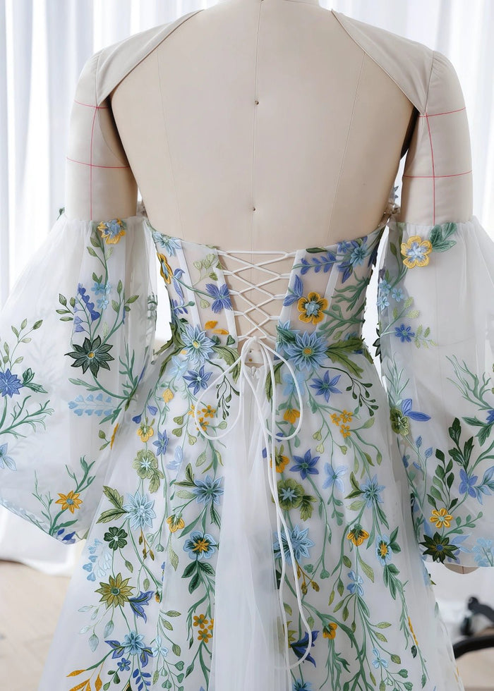 Jasmine | Gorgeous White Floral Strapless Long Sleeve Wedding Dress with Detachable Sleeves - White Floral - PromDressClub