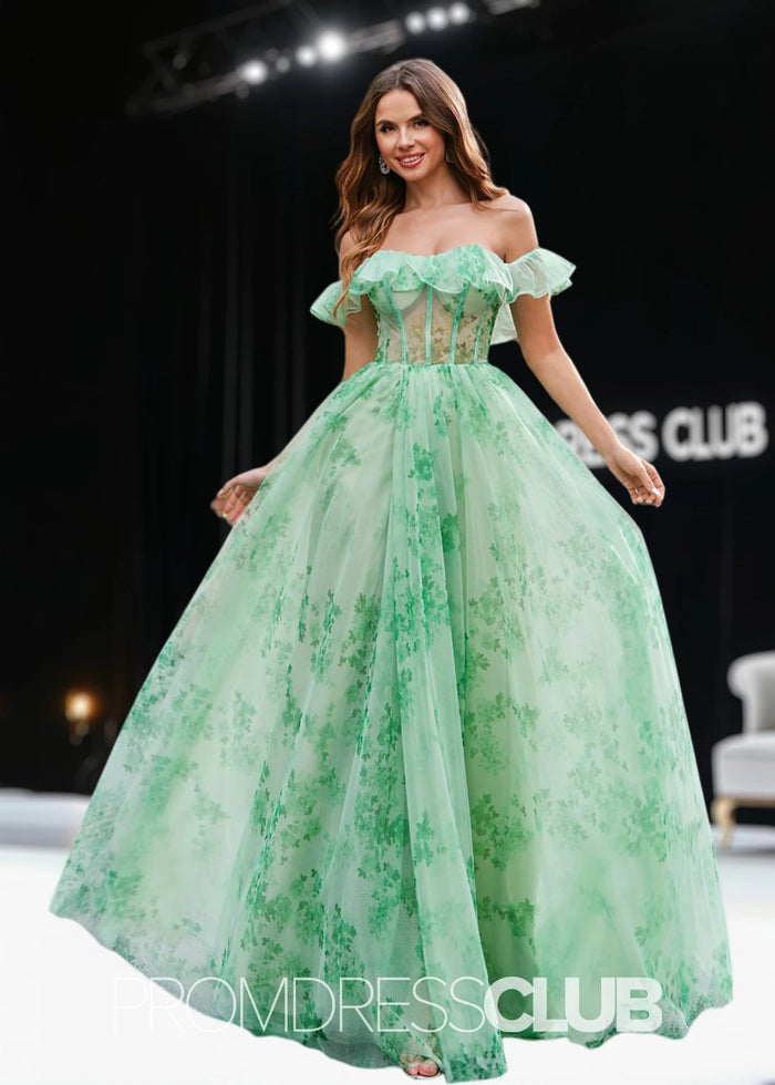 Jean | A Line Green Floral Long Prom Dress - Green Floral - PromDressClub