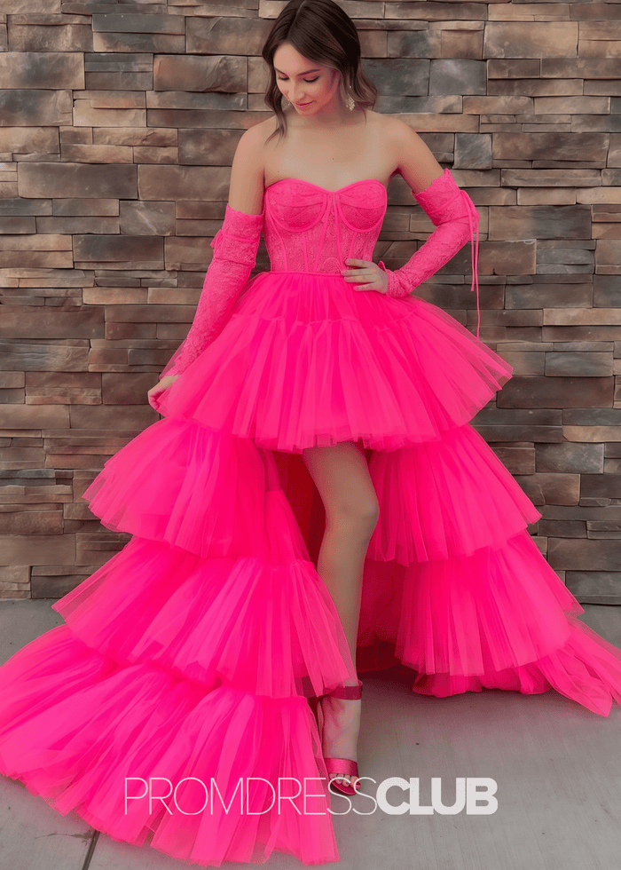 Jean |Long Hot Pink Prom Dresses Near Me With A Line Sweetheart Lace Corset Tiered Ruffles High Slit - Price #price_variant_lowest# - Hot Pink - PromDressClub