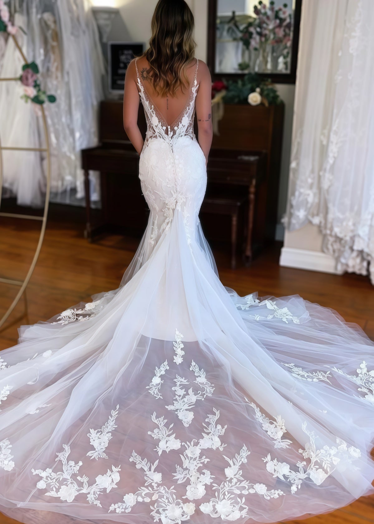 Jennifer | Elegant V Neck Lace Mermaid Wedding Dress with Long Train - White - PROMDRESS Club