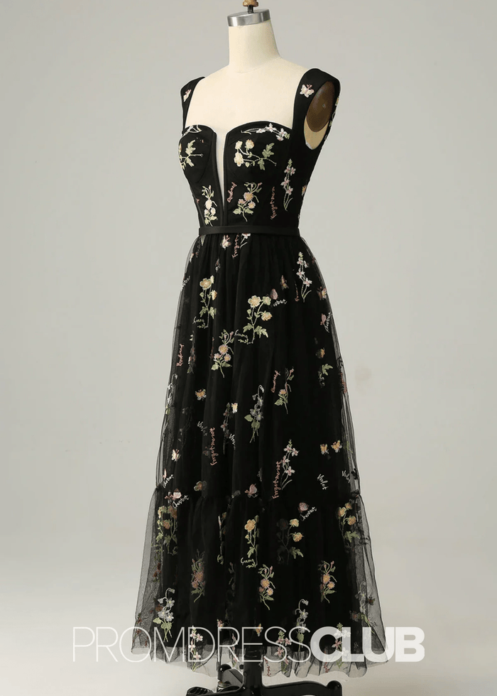 Jennifer | Light Purple Floral A Line Sweetheart Midi Prom Dress - Black Floral - PromDressClub