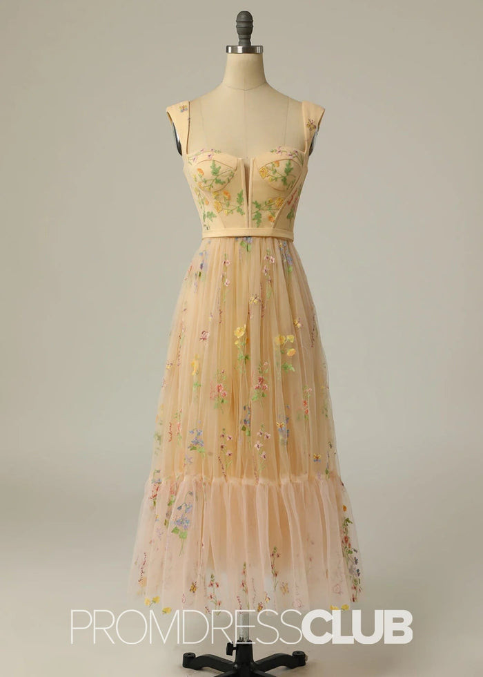 Jennifer | Light Purple Floral A Line Sweetheart Midi Prom Dress - Champagne Floral - PromDressClub