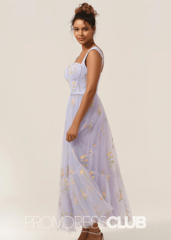 Jennifer | Light Purple Floral A Line Sweetheart Midi Prom Dress - Light Purple Floral - PromDressClub