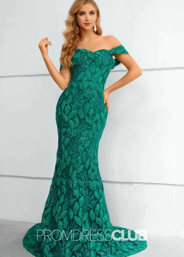 Jennifer |Long Green Prom Dresses Near Me With Mermaid Lace Off The Shoulder - Price #price_variant_lowest# - Green - PromDressClub