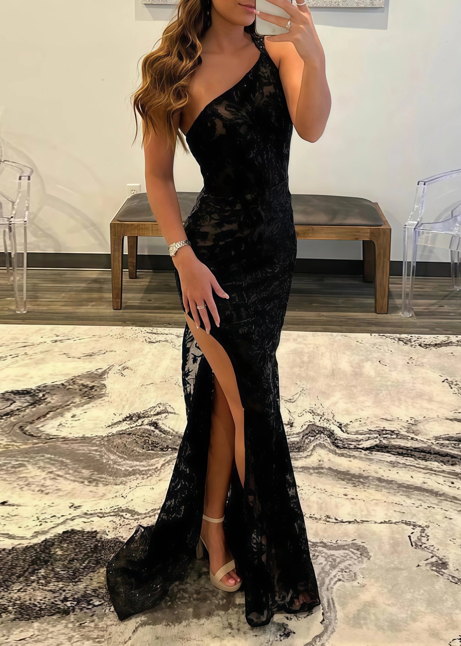 Jenny |Black Long Prom Dress With Mermaid One Shoulder Lace Silt - Black - US0 - PromDressClub