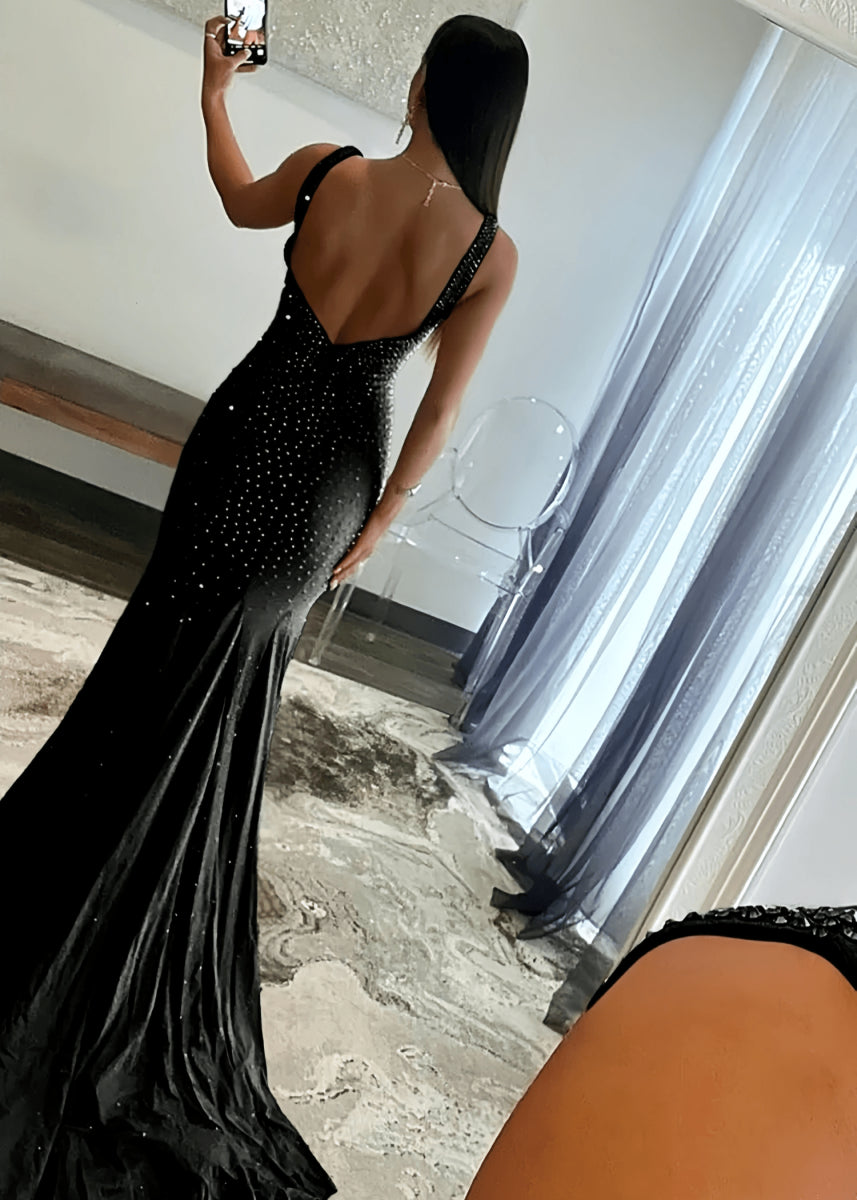 Jessica | Royal Blue Glitter Trumpet Mermaid Beaded Prom Dress with Train - Black - PromDressClub