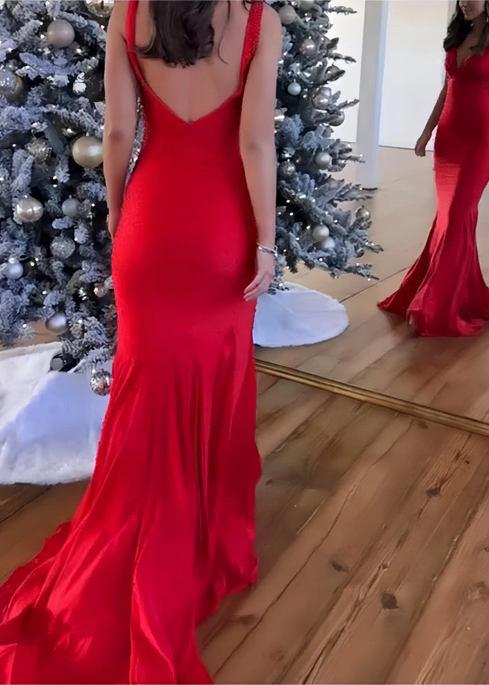 Jessica | Royal Blue Glitter Trumpet Mermaid Beaded Prom Dress with Train - Red - PromDressClub