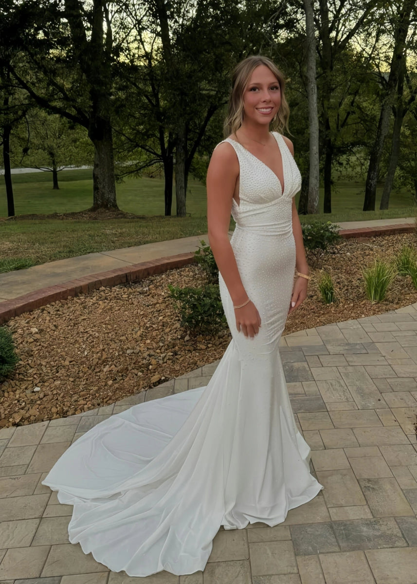 Jessica | Royal Blue Glitter Trumpet Mermaid Beaded Prom Dress with Train - White - PromDressClub