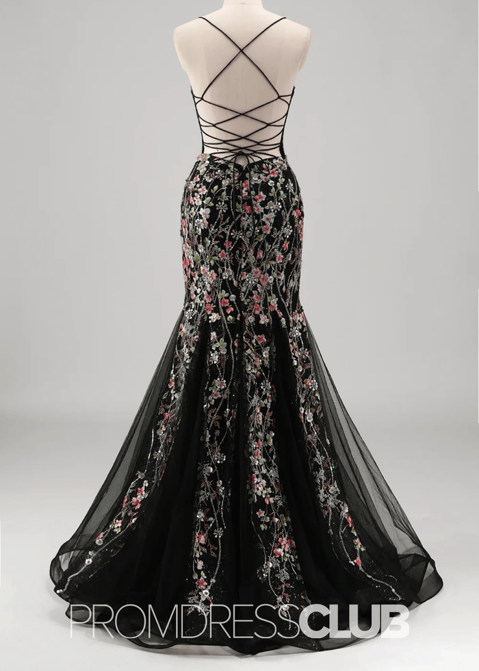 Jill | Light Blue Floral Mermaid Embroidered Tulle Prom Dress - Price #price_variant_lowest# - Black Floral - PromDressClub