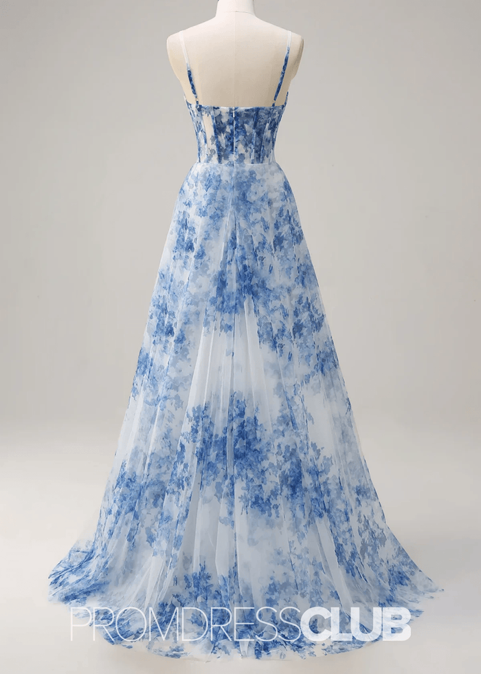 Jo | White Blue Flower A Line Ruched Corset Maxi Prom Dress - Price #price_variant_lowest# - Blue Floral - PromDressClub