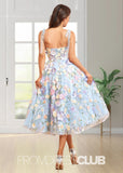 Joan | Spaghetti Straps A Line Purple Midi Prom Dress - Light Blue Floral - PROMDRESS Club