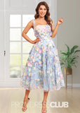 Joan | Spaghetti Straps A Line Purple Midi Prom Dress - Light Blue Floral - PROMDRESS Club