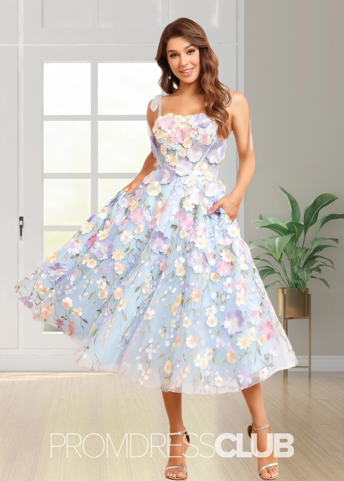 Joan | Spaghetti Straps A Line Purple Midi Prom Dress - Light Blue Floral - PROMDRESS Club