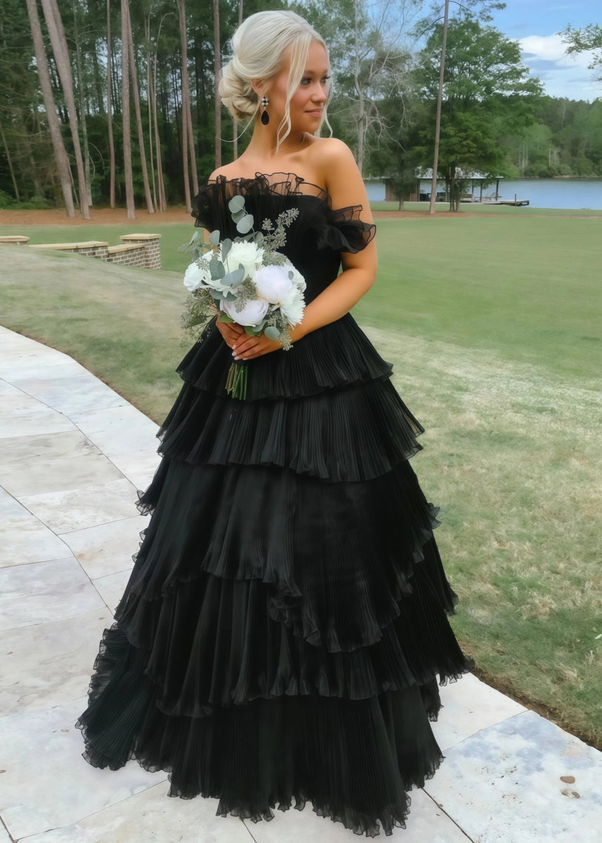 Joanna | A Line Royal Blue Light Pink Strapless Corset Formal Dress with Ruffle - Black - PromDressClub