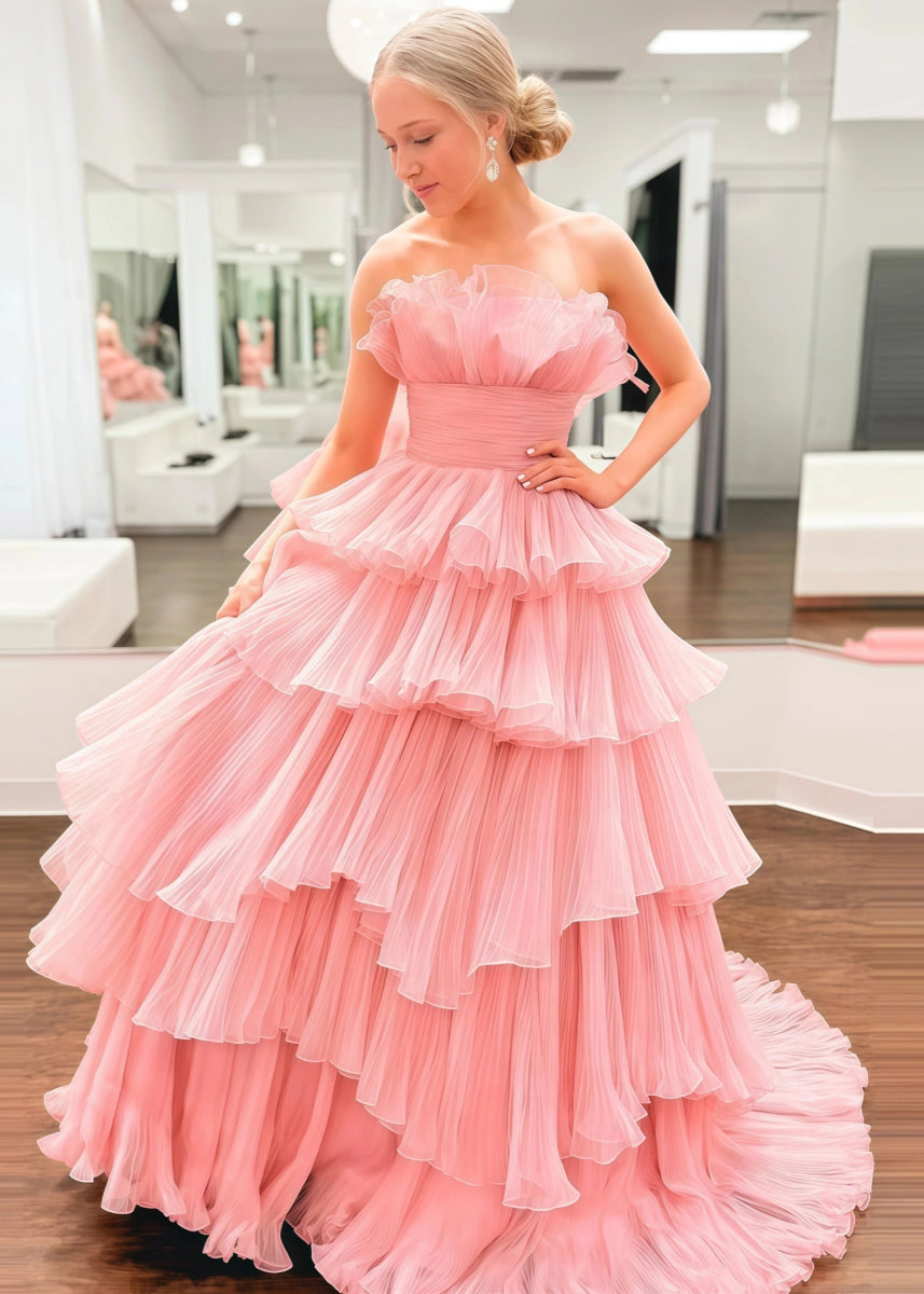 Joanna | A Line Royal Blue Light Pink Strapless Corset Formal Dress with Ruffle - Light Pink - PromDressClub
